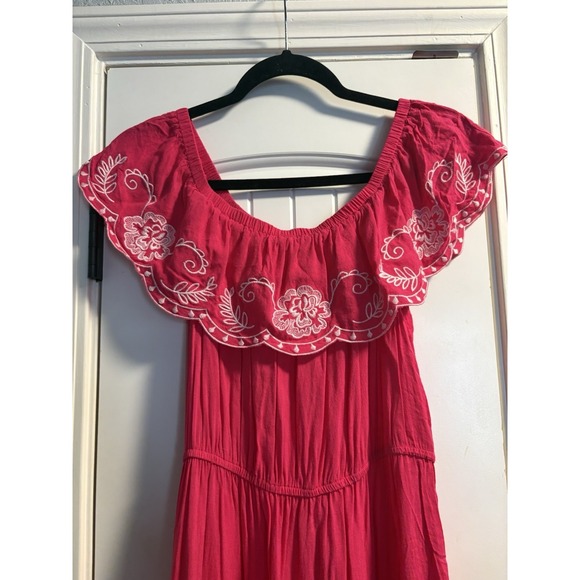 Flying Tomato Pink Off Shoulder Embroidered Boho Maxi Dress Large Floral Rayon - Picture 3 of 5